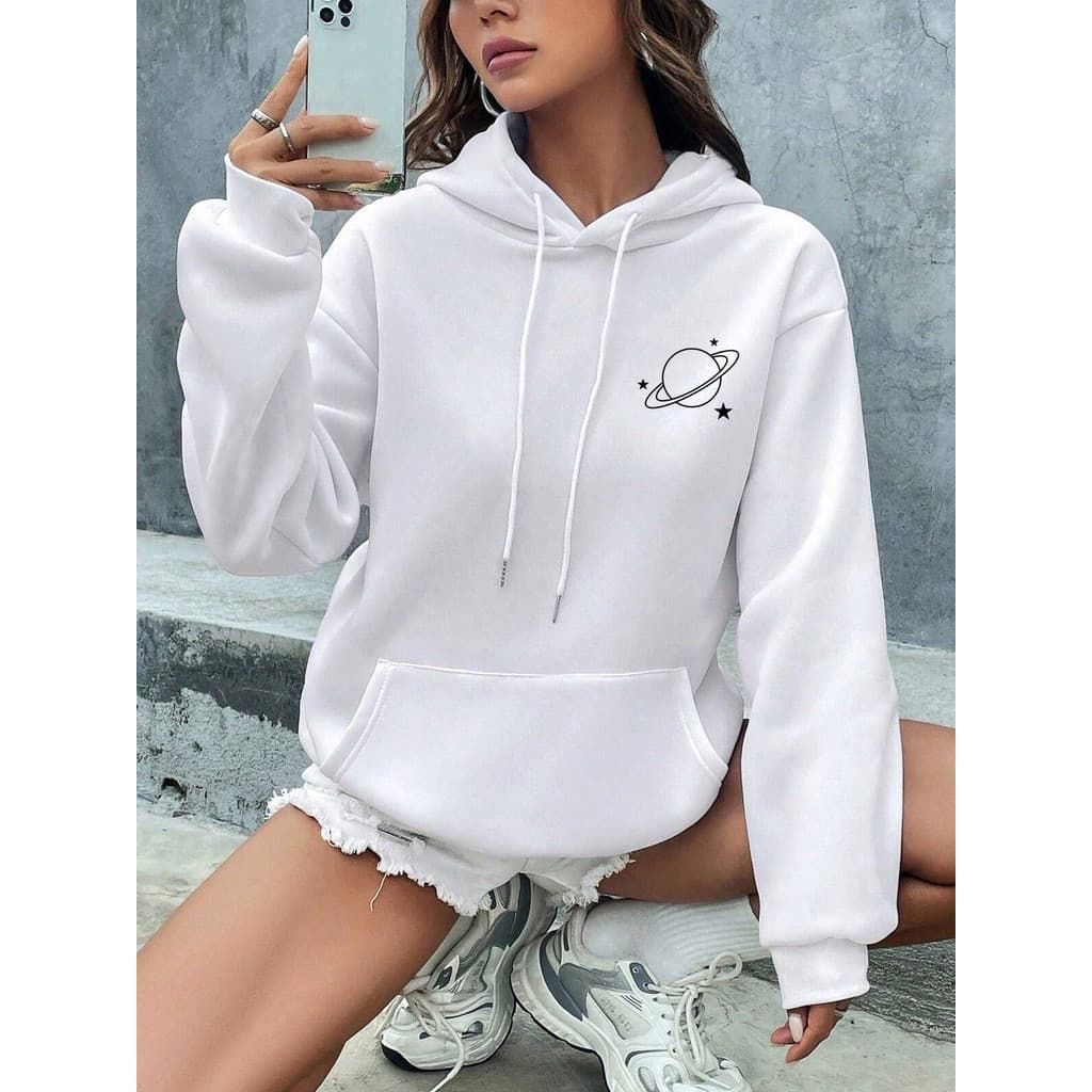 Moletom Feminino Blusa de Frio Casaco Estampado Planeta Moda Inverno Moletom Capuz Bolso Canguru