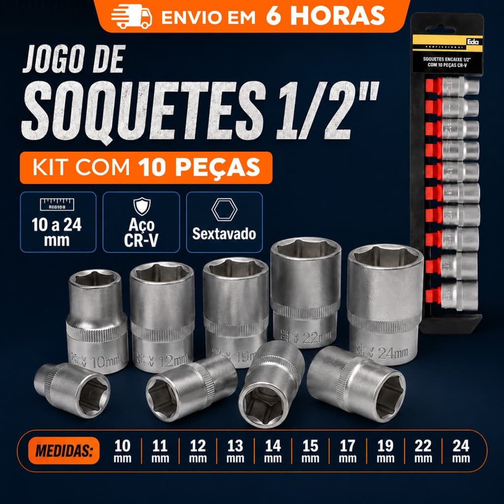 Jogo 10 Soquete Sextavado Curto 1/2 EDA 10mm a 24mm CRV Porca Parafuso Carro Moto Oficina Mecanica