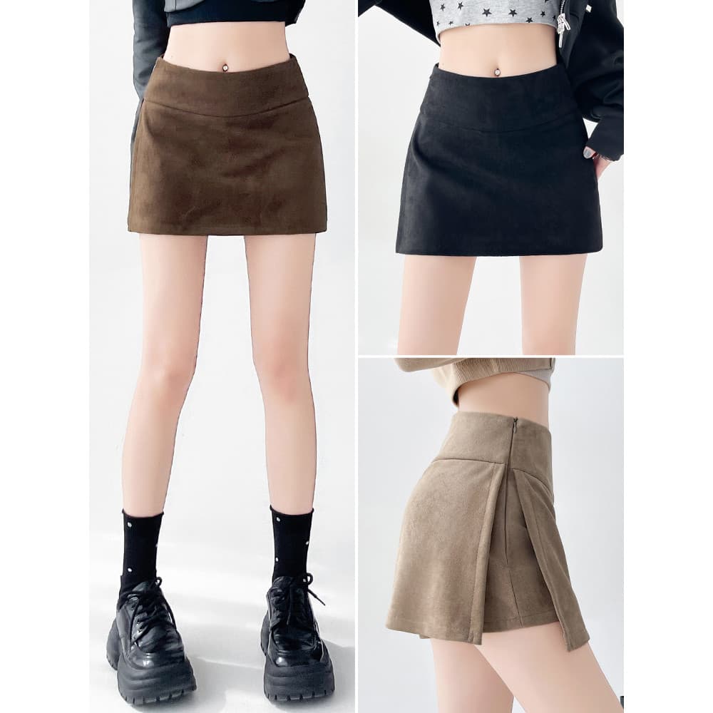 Deerskin velo saia feminina outono inverno cintura alta fenda saia curta 2026 novo estilo A linha saia Hip-embalado saia