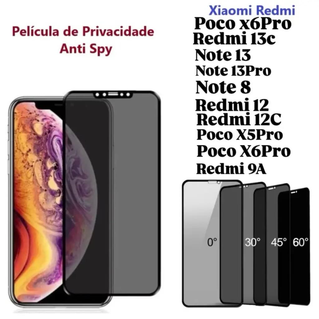 kit 2 PCS Pelicula 3D privacidade Xiaomi Redmi12-Redmi12C-Note8-Redmi13C-Note134G-Redmi9A-PocoX5Pro-PocoX6Pro-Note13Pro
