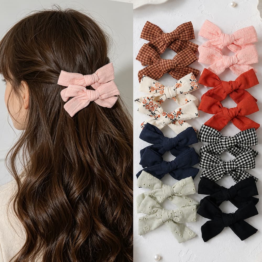 1 Conjunto De Grampos De Cabelo Com Laço Xadrez De Tecido Vintage , Fofos Versáteis Diários Para Meninas , Ideia De Pres