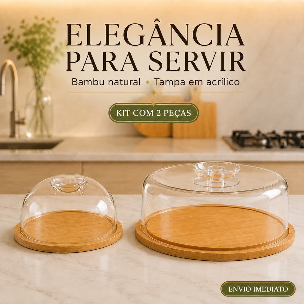 Boleira + Queijeira de Bambu com Tampa Acrílica/Ideal para Café da Manhã/Elegante e Prática