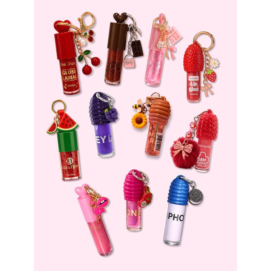 Box com 11 Gloss Labial Chaveiro Lip Oil Hidratante com Brilho Modelos Variados Infantil e Adulto