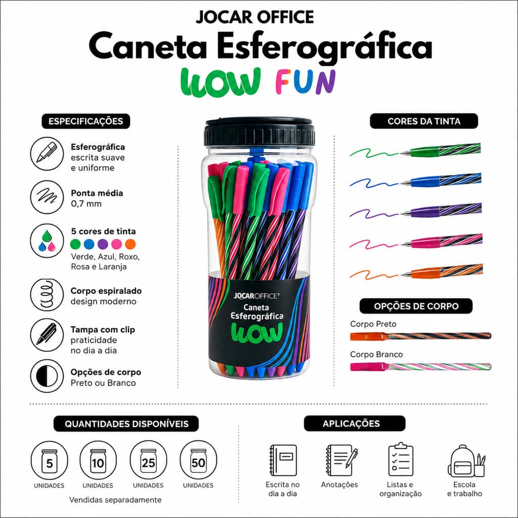 Kit 50 Canetas Esferográfica Colorida Wow 0.7mm Canetas Ponta Fina