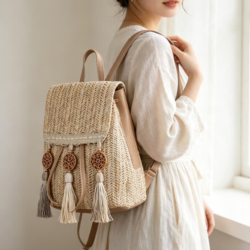 Estilo boêmio palha borla mochila estilo étnico lazer férias tecido saco grande capacidade mochila feminina
