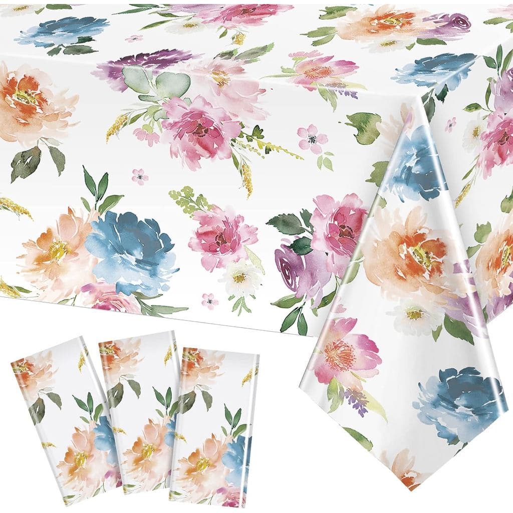 3 Peças de Toalha de Mesa Floral de Primavera/Verão com Flores Silvestres em Aquarela, Toalha de Mesa Plástica Floral pa
