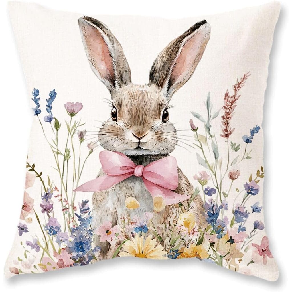 Capas de Almofada de Páscoa ONWAY 18x18 Polegadas com Estampa de Coelho e Flores, Capa Decorativa para Almofada de Estil