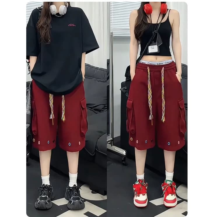 Vinho vermelho grande bolso Workwear Shorts masculino verão street Wear Puff bonito frito calças de rua em linha reta es