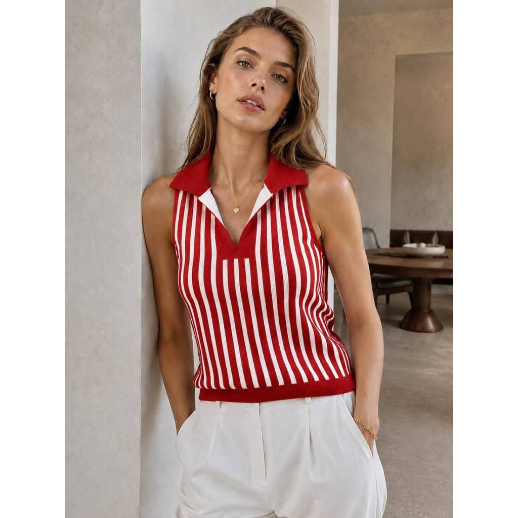 Colete Feminino Gola Polo em Modal Listrado Sem Manga Tricô Elegante Casual