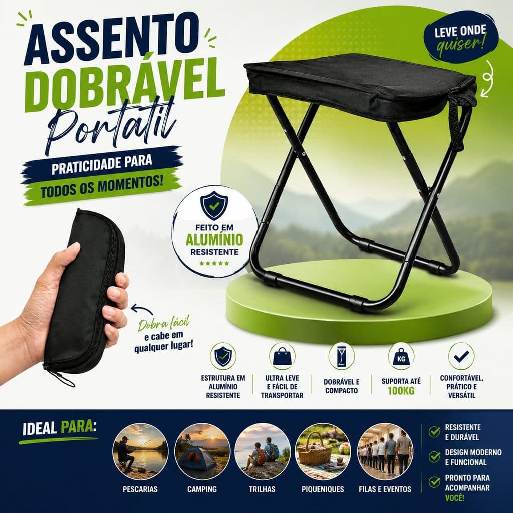 Banco Assento Dobrável Portátil em Alumínio com Bolsa para Transporte