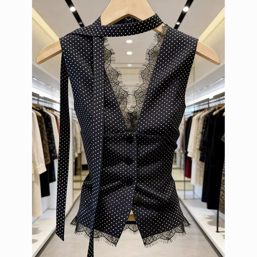 Verão preto bolinhas linda aparência camisa luz luxo nicho não-colisão pequena camisa renda costura Streamer sem mangas