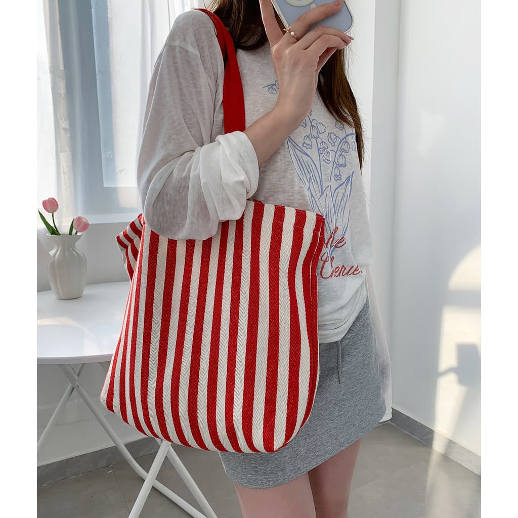 Bolsa de OmbroPara Estudantes Em Lona Com Listras Verticais Artísticas De Estilo Coreano De outono Com Grande Capacid