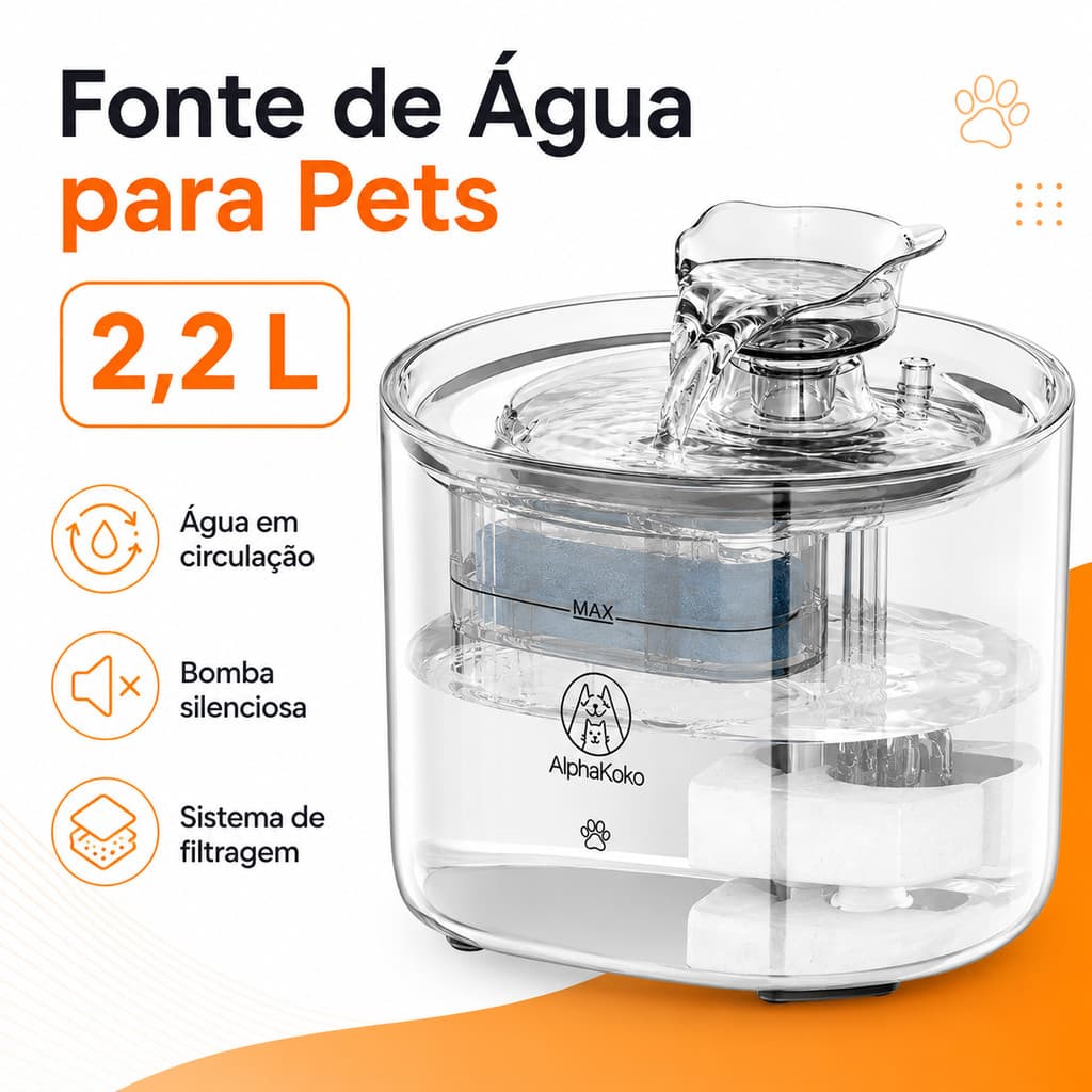 Fonte Bebedouro Automática Agua 2,2 L Pet Para Cães e Gatos, com Filtro, Bomba Silenciosa USB, Reservatório