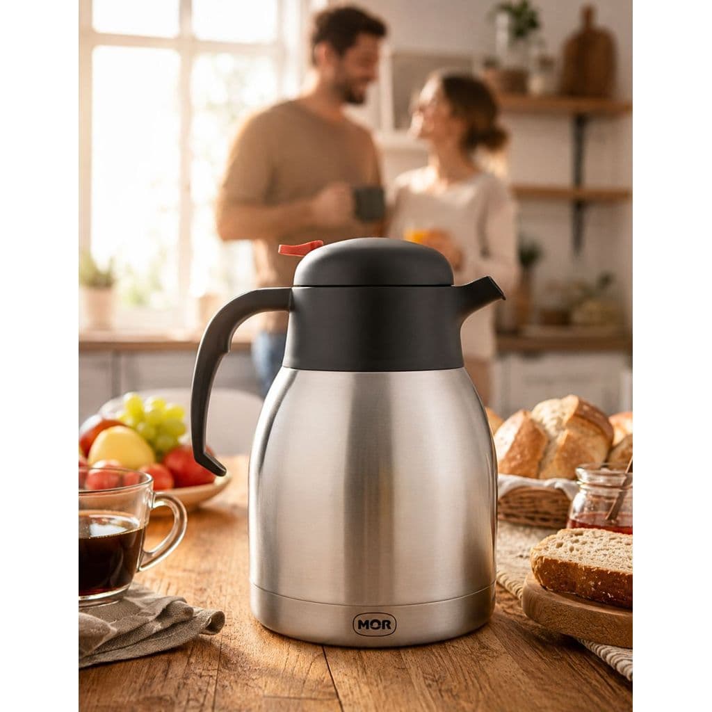 Garrafa Térmica Inox Moderno Mor 1,2L Café Bule Com Gatilho e Alça Conserva Temperatura Quente