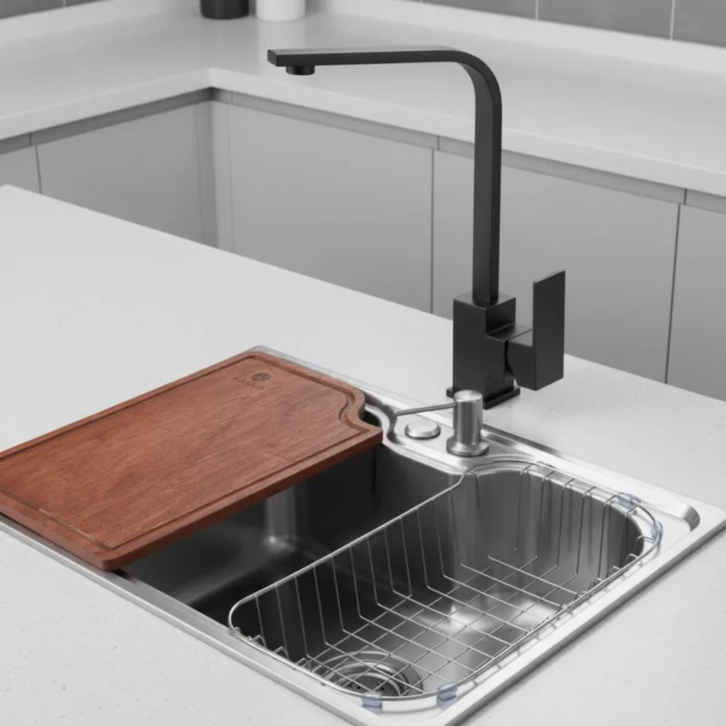 CUBA INOX304 COZINHA 50X40CM COM TORNEIRA SLIM BLACK E TÁBUA