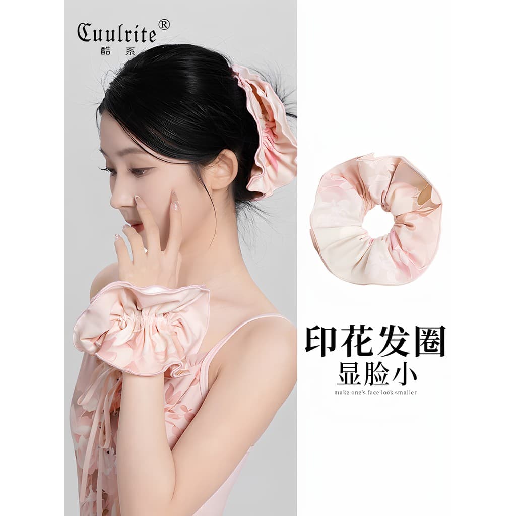 Estilo coreano cabeça grande flor rosa impresso dupla camada intestino grande laço de cabelo cabeça feminino High-End la