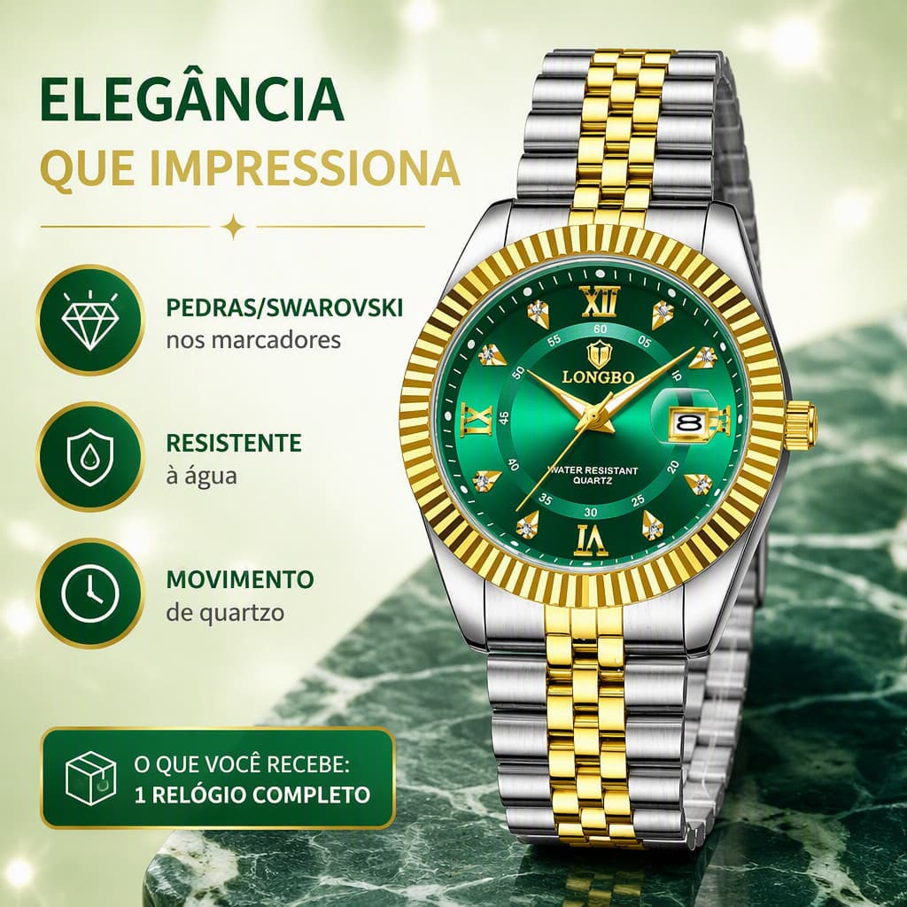 Relógio Masculino Quartzo Redondo Pulseira de Aço Inoxidável Pedras Incrustadas Calendário Diário Madrepérola Elegante