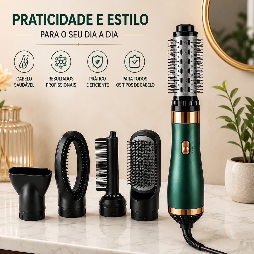 Escova Secadora 5 em 1 Multifuncional Modeladora Alisadora com 4 Acessórios para Cabelo