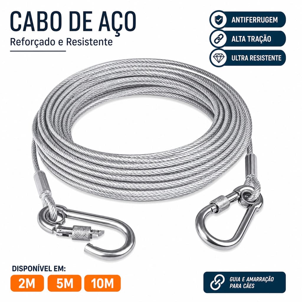 Cabo Aço Amarrar Guiar Cães 2/5/10 Metros Cor Cristal Reforçada Forte Resistente Tração Antiferrugem