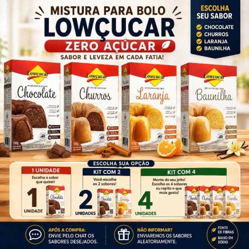 Mistura para Bolo Zero Açúcar Lowçucar Vários Sabores Kit 1, 2 ou 4 Unidades