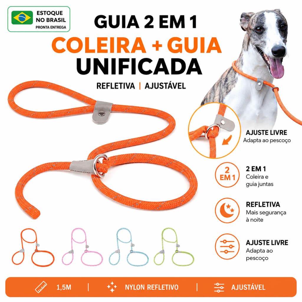 Guia Unificada para Cachorro 1,5M Mewoof Coleira e Guia 2 em 1 Nylon Refletiva Adestramento Passeio Cães