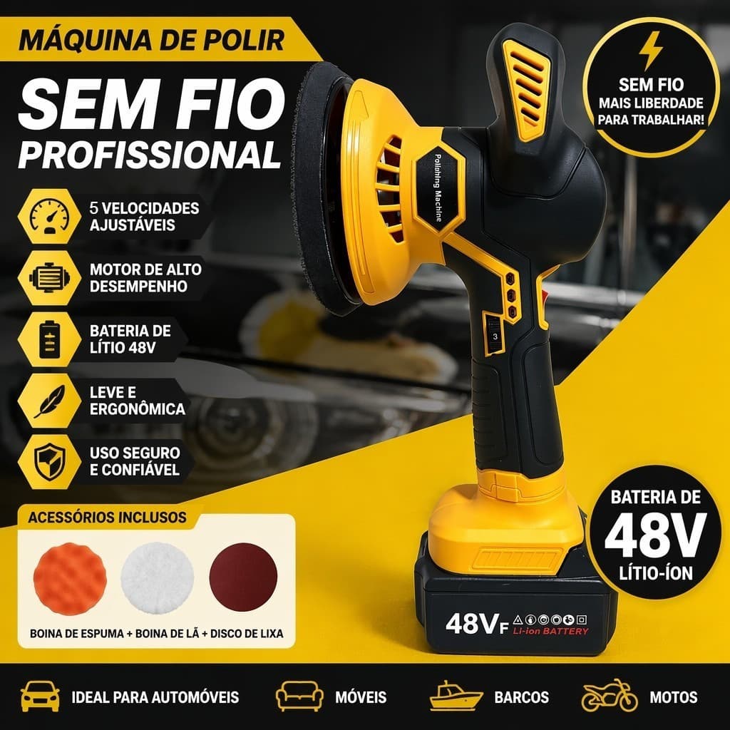Polidora Orbital Sem Fio 48V Motor Brushless Máquina de Polimento Enceramento para Veículos Automotivos Residencial
