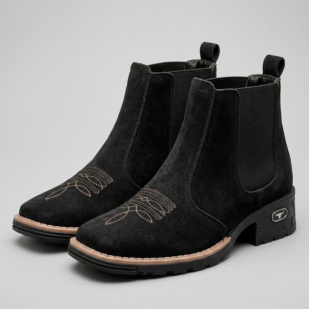 Botina Feminina Country Western Camurça Sintética Bordada Cano Curto Solado Borracha Para Fazenda