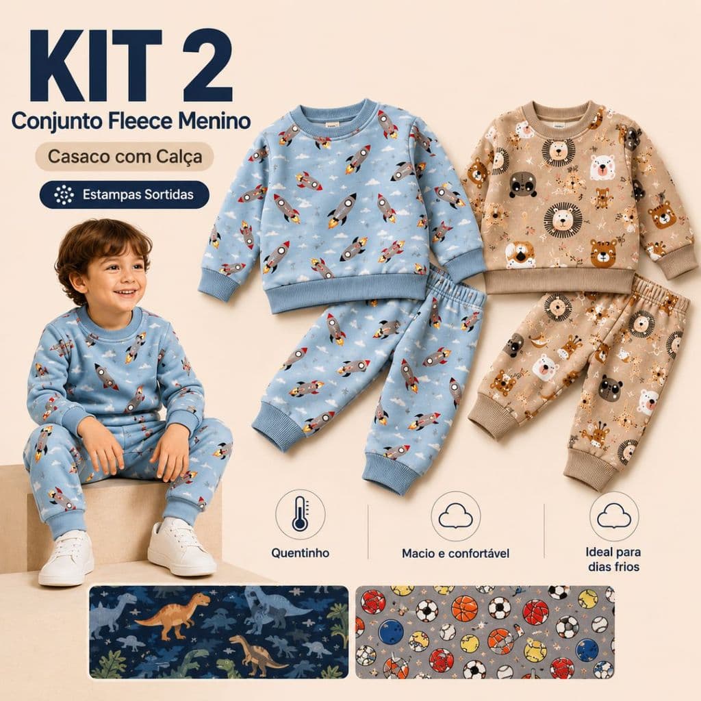 Kit 2 Conjuntos Menino Fleece Infantil Blusa E Calça 100% Poliéster Confortável Para Frio