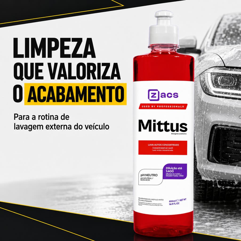 Mittus Zacs 500ml Lava Autos Shampoo Automotivo Limpeza Pintura Carro Moto Brilho e Cuidado