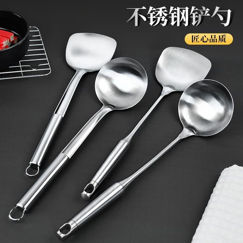Espátula e concha de aço inoxidável, espátula de cozinha, espátula para frituras, colher de cabo longo e espessa, colher