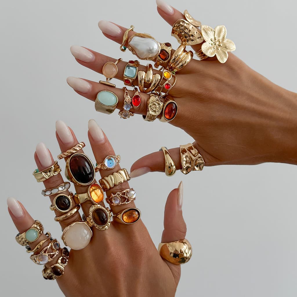 Europeu americano jóias Design luz luxo incrustado Gem flor anel aberto conjunto de Metal plissado moda anel