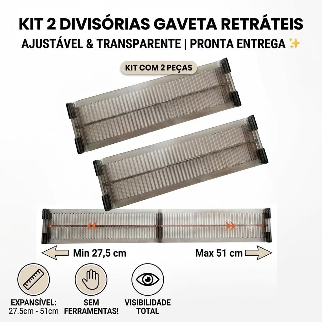 Organizador de Gaveta Divisória Retrátil Expansível Transparente 27,5-51cm Kit 2 Peças Cômoda Guarda Roupa Cozinha