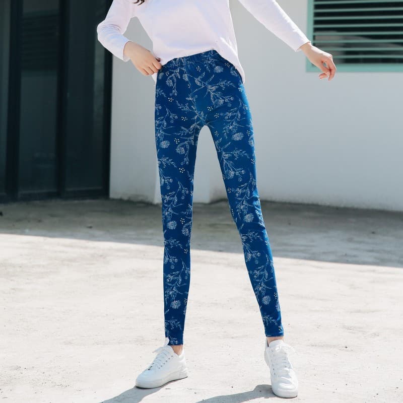 Primavera verão estilo fino imitação Denim impresso Leggings fino-ajuste mais magro olhar calças magras tornozelo compri