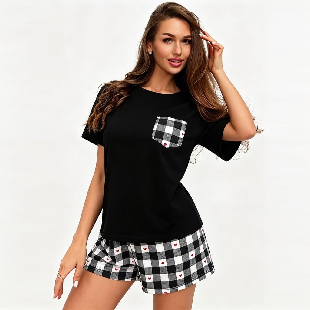 Pijamas femininos de verão, conjunto confortável de duas peças com shorts e camisa de manga curta, roupa de casa para se