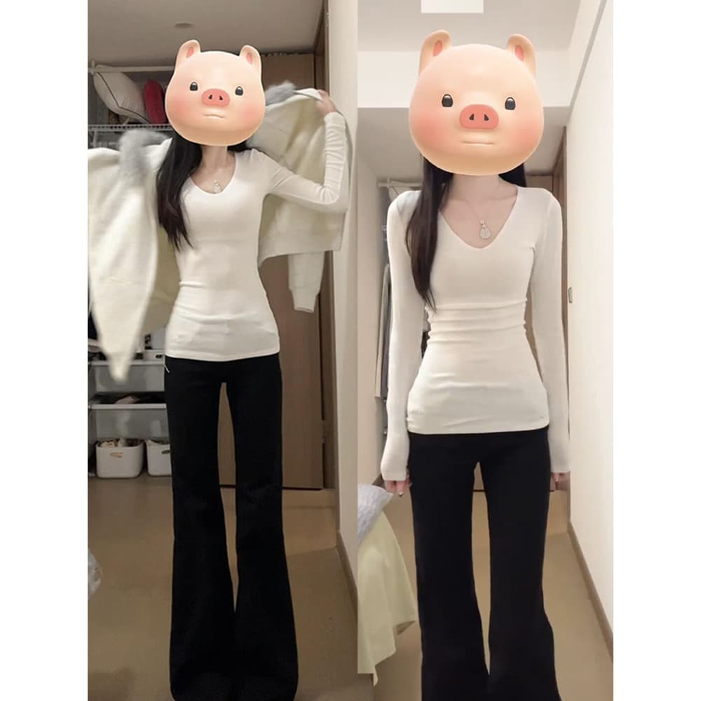 Camiseta feminina branca de manga comprida com decote em v Slim fit 2026 novo estilo início do outono camisa de fundo Sk