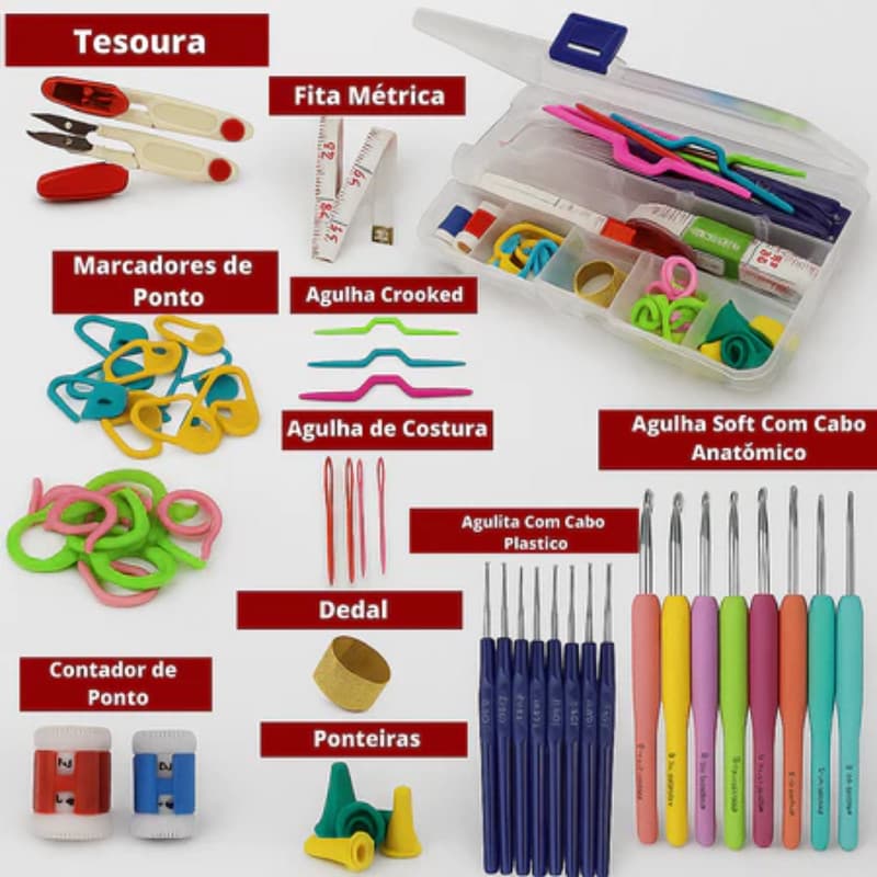 Kit Crochê Completo 53 Peças Para Amigurumi - Agulhas com Cabo Soft +Tesoura +Acessórios, Prático de Usar
