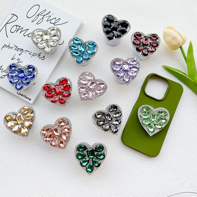 3D Luxo Diamantes Amor Coração Telefone Móvel Griptok Grip Tok Suporte Compatível Para iPhone Universal De Carregamento