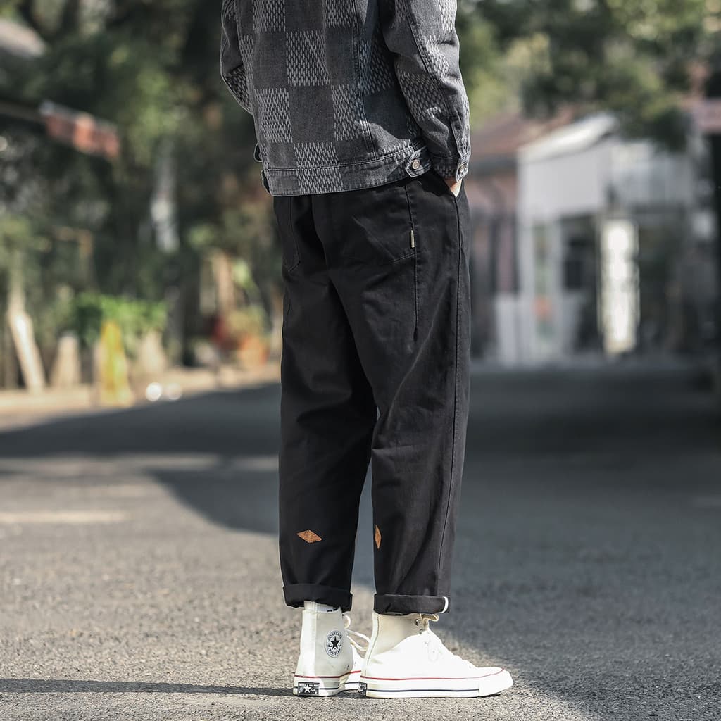 Japonês Retro rufião bonito rotulagem preto calças de perna reta homens Street Wear primavera outono novo estilo solto c