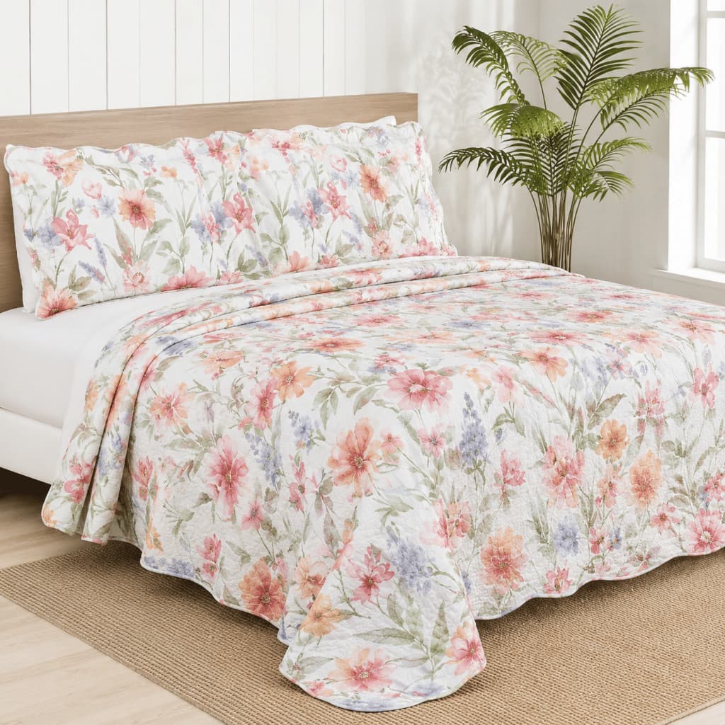 Kit Cama Queen 3 Peças Estampa Floral Toque Macio Resistente Colcha para Quarto