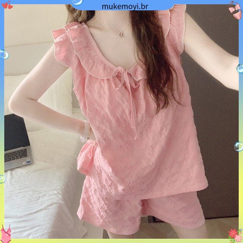 Sling pijamas feminino verão novo estilo pequena manga voadora estilo princesa contraste cor renda menina com almofada n