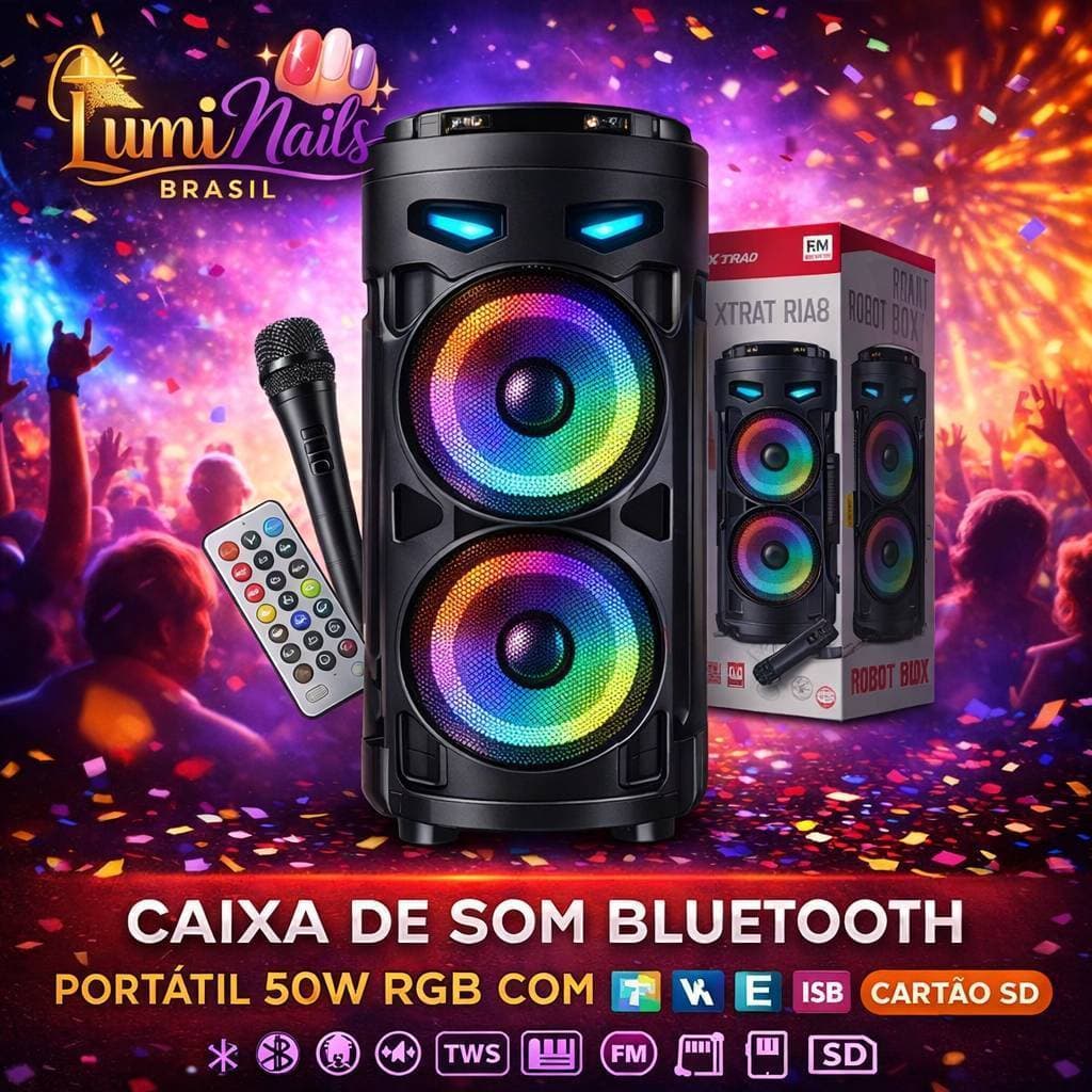 Caixa de Som Bluetooth XTRAD XDG-138 50W RGB TWS Rádio FM USB SD com Microfone com Fio