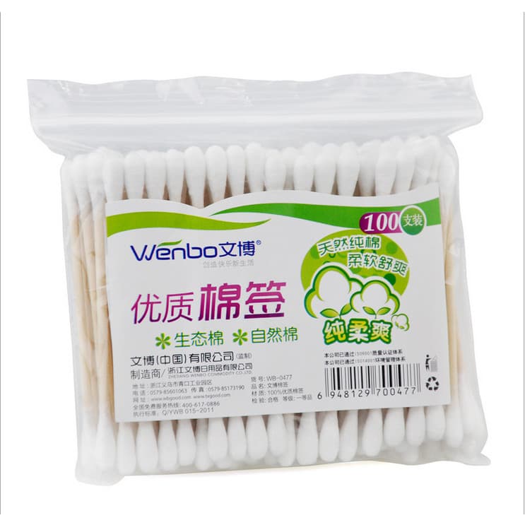 Wenbo Premium maquiagem médica guardanapo sanitário cotonetes 100 varas saco de plástico cotonetes de madeira de alta qu