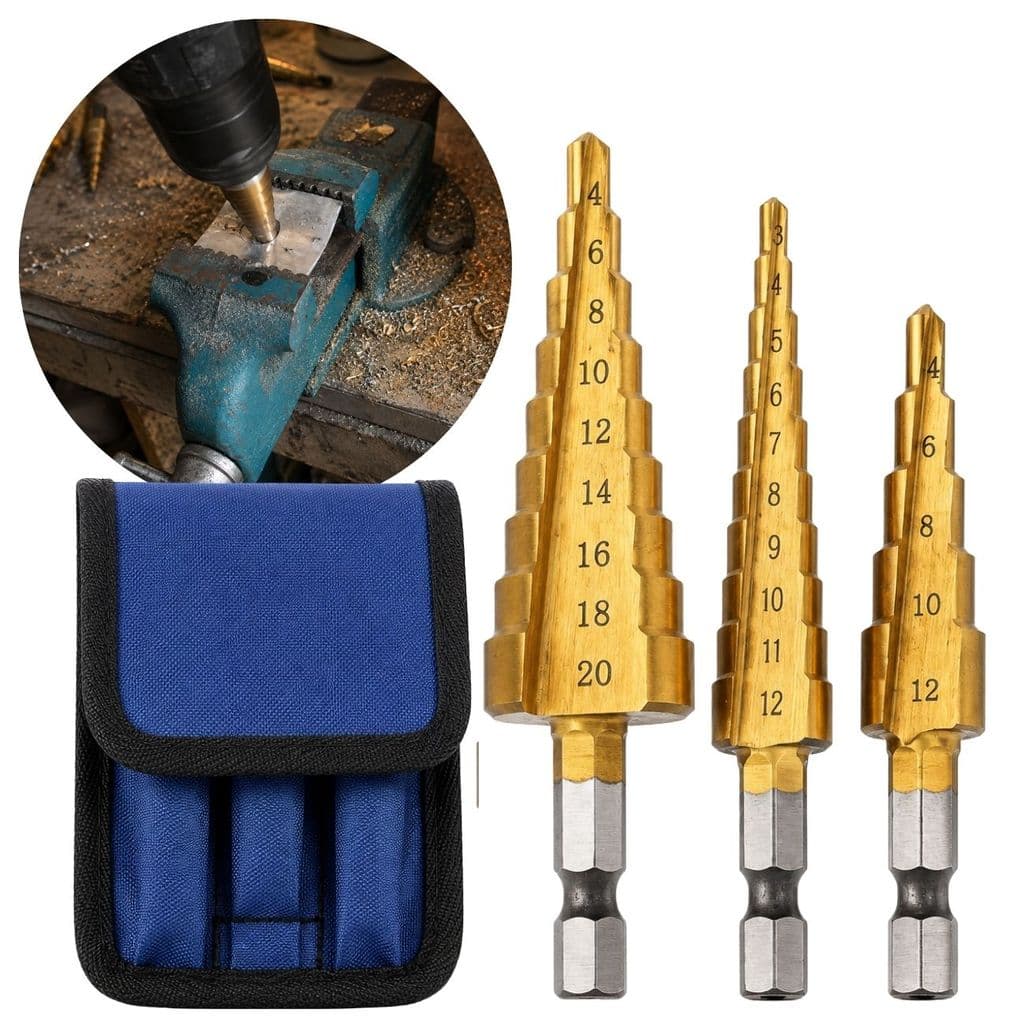 Jogo 3 Brocas Escalonadas HSS 3 a 20mm Titânio Charbs para Metal Madeira Plástico PVC Encaixe Hex