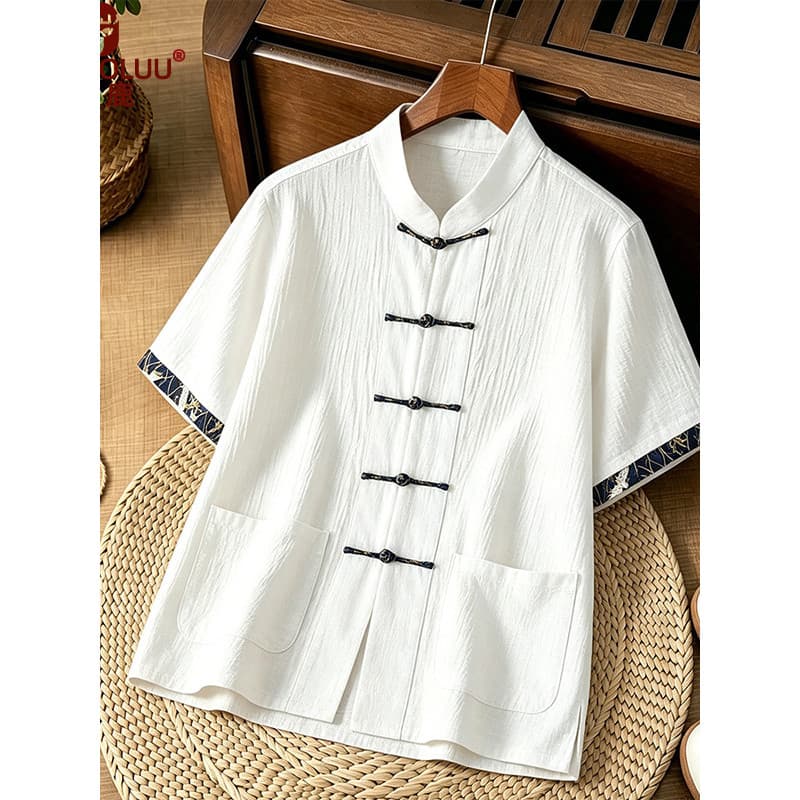 Estilo de verão estilo chinês estilo chinês algodão linho masculino novo Tang terno de manga curta Layman fivela Retro m