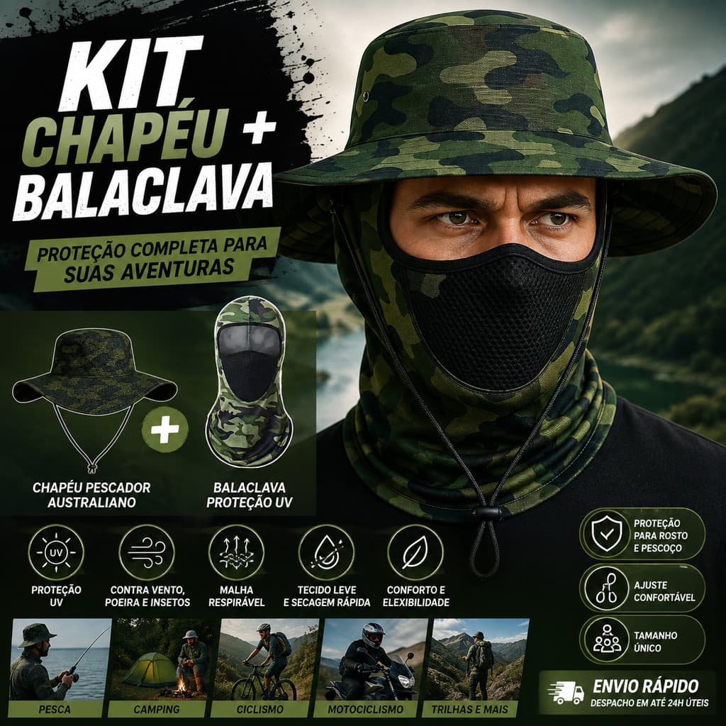 KIT Balaclava + Chapéu Pescador Australiano Proteção para Pescoço e Sol Pesca, Camping e Atividades ao Ar Livre