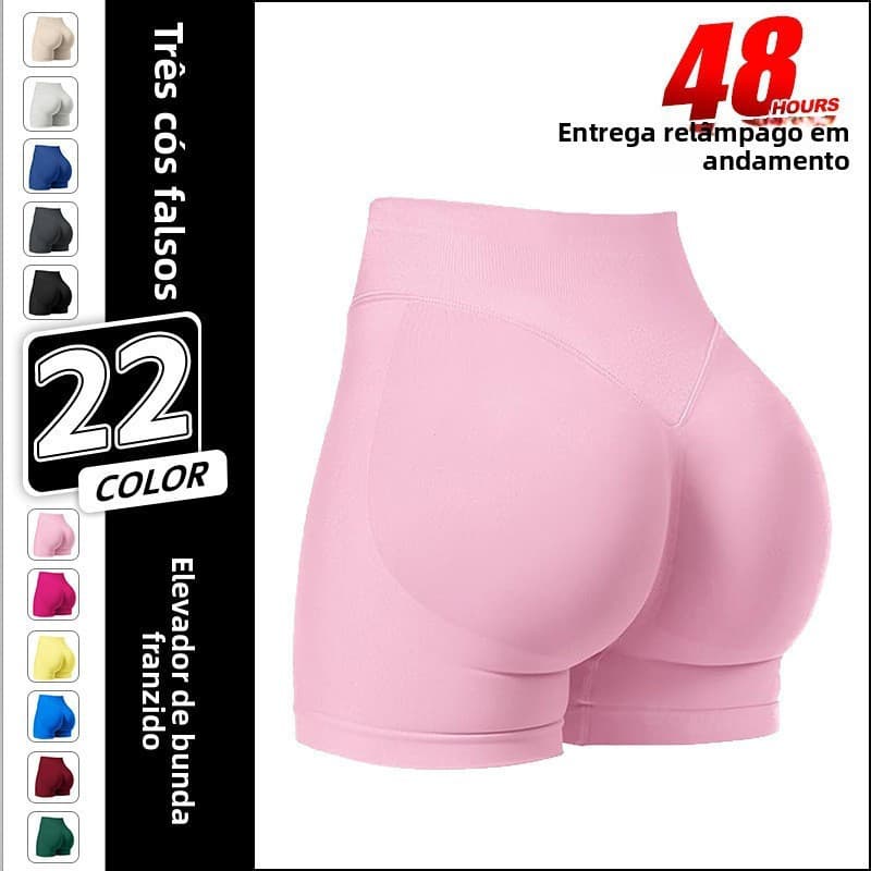 Shorts esportivos femininos sem costura, com design de cintura em três seções e efeito de levantamento de glúteos.