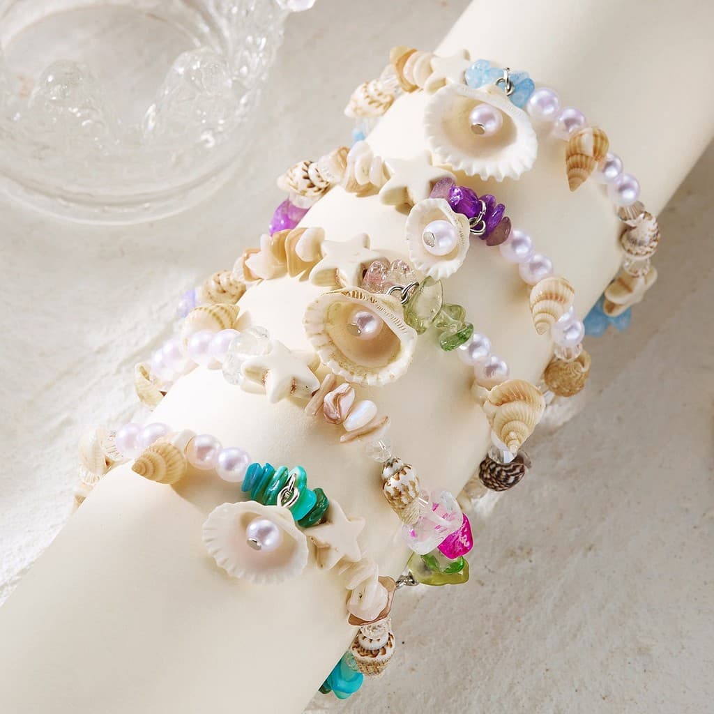 Nova Pulseira de Verão Colorida com Conchas e Pedras Preciosas, Pulseira Versátil com Estrela-do-mar e Concha