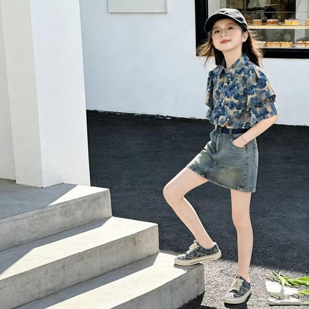 [Crianças Must-Have] meninas terno 2026 novo estilo dopamina camisa Floral estilo coreano moda crianças saia jeans terno