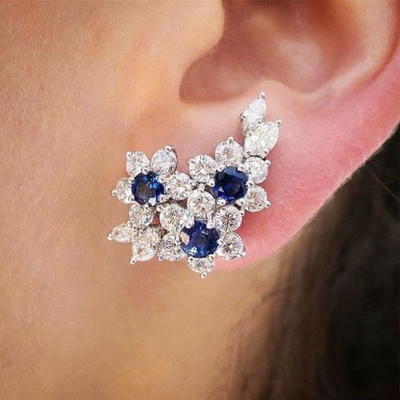 Brincos femininos requintados, feitos de prata esterlina 925, incrustados com zircônia cúbica redonda azul/branca, 8RNM
