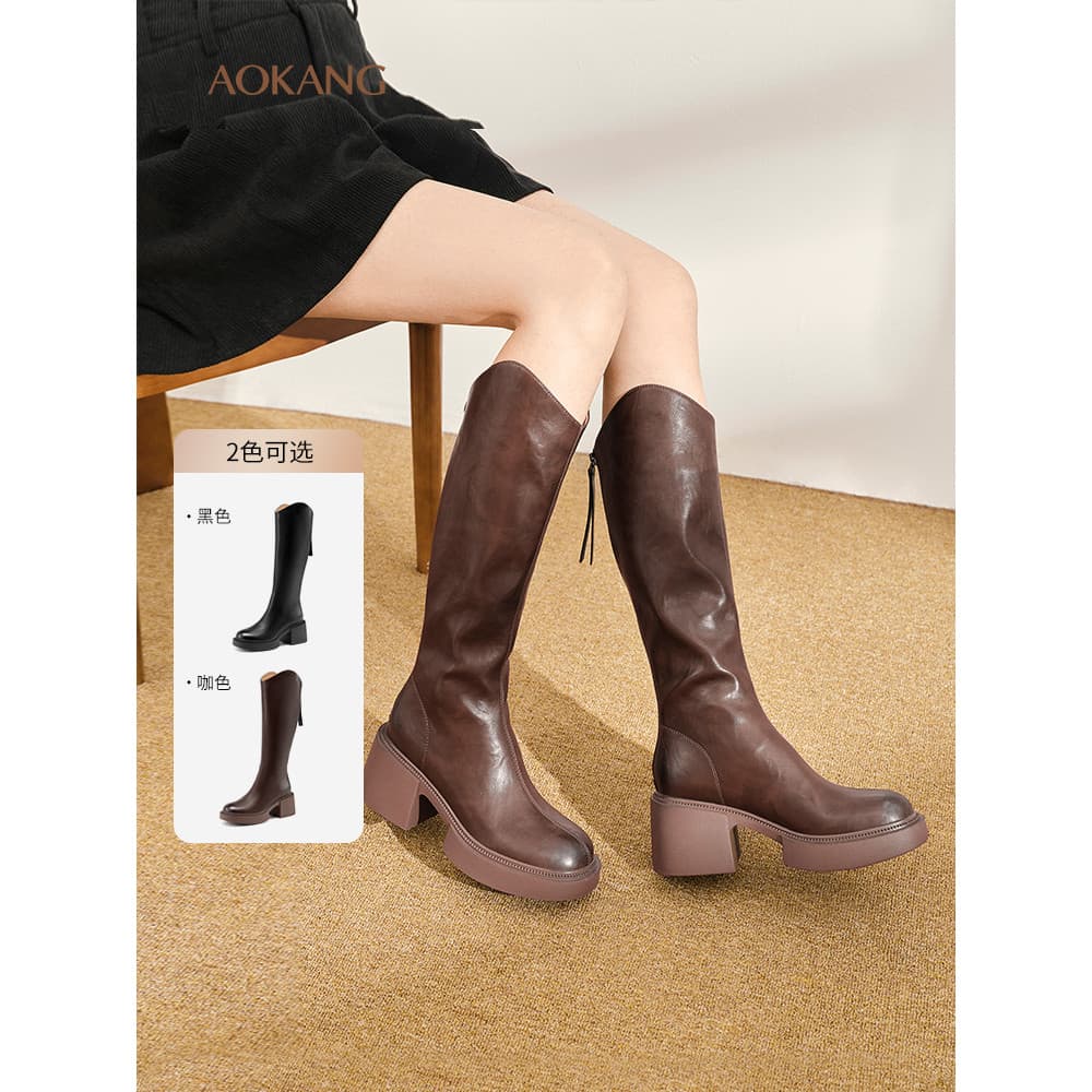 Okcom sapatos femininos inverno Retro longo tubo cavaleiro botas moda sola grossa salto grosso estilo britânico botas de